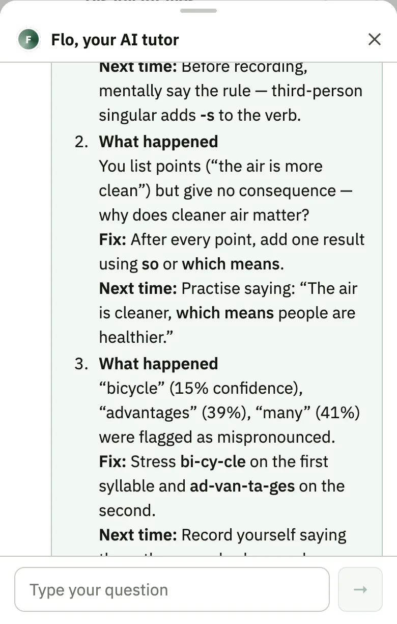 Flo, the ScoreFluent AI tutor, giving fixes for a MET Speaking attempt: what happened, the fix and what to do next time.