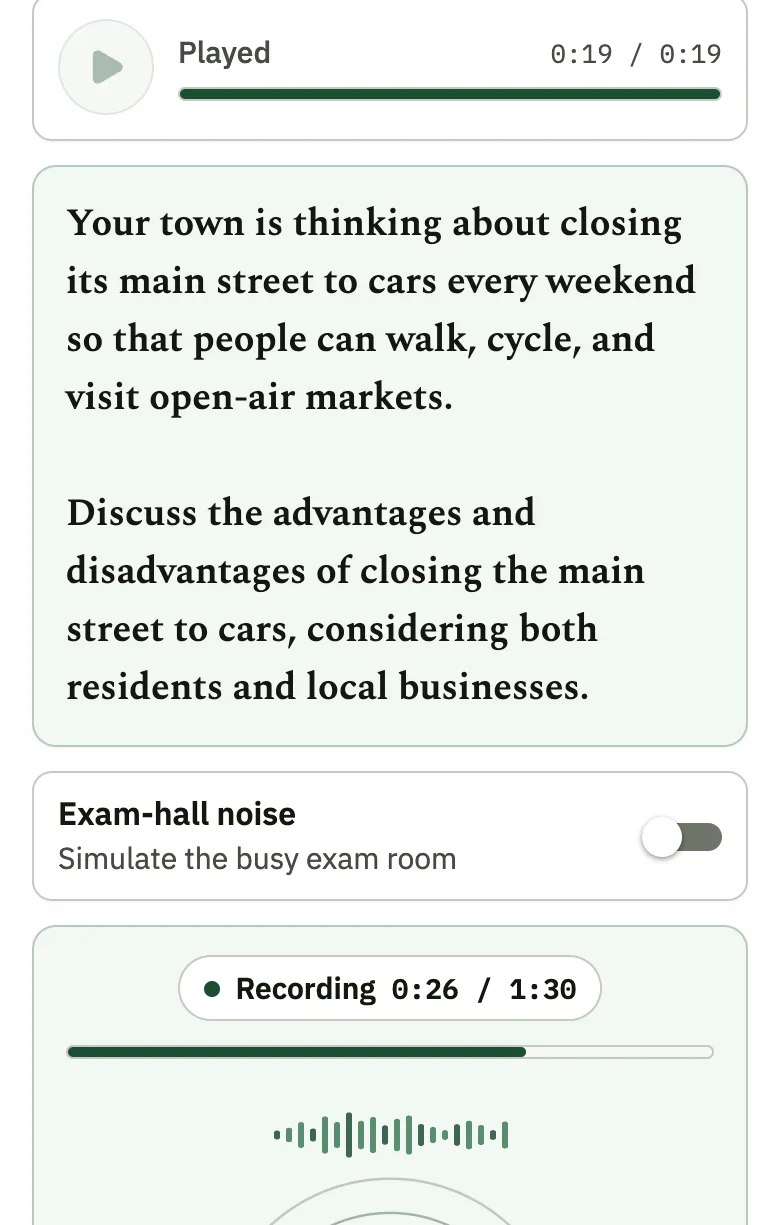 ScoreFluent MET Speaking Task 4 screen. A prompt about closing a main street to cars, and a recording timer at 0:26 of 1:30.
