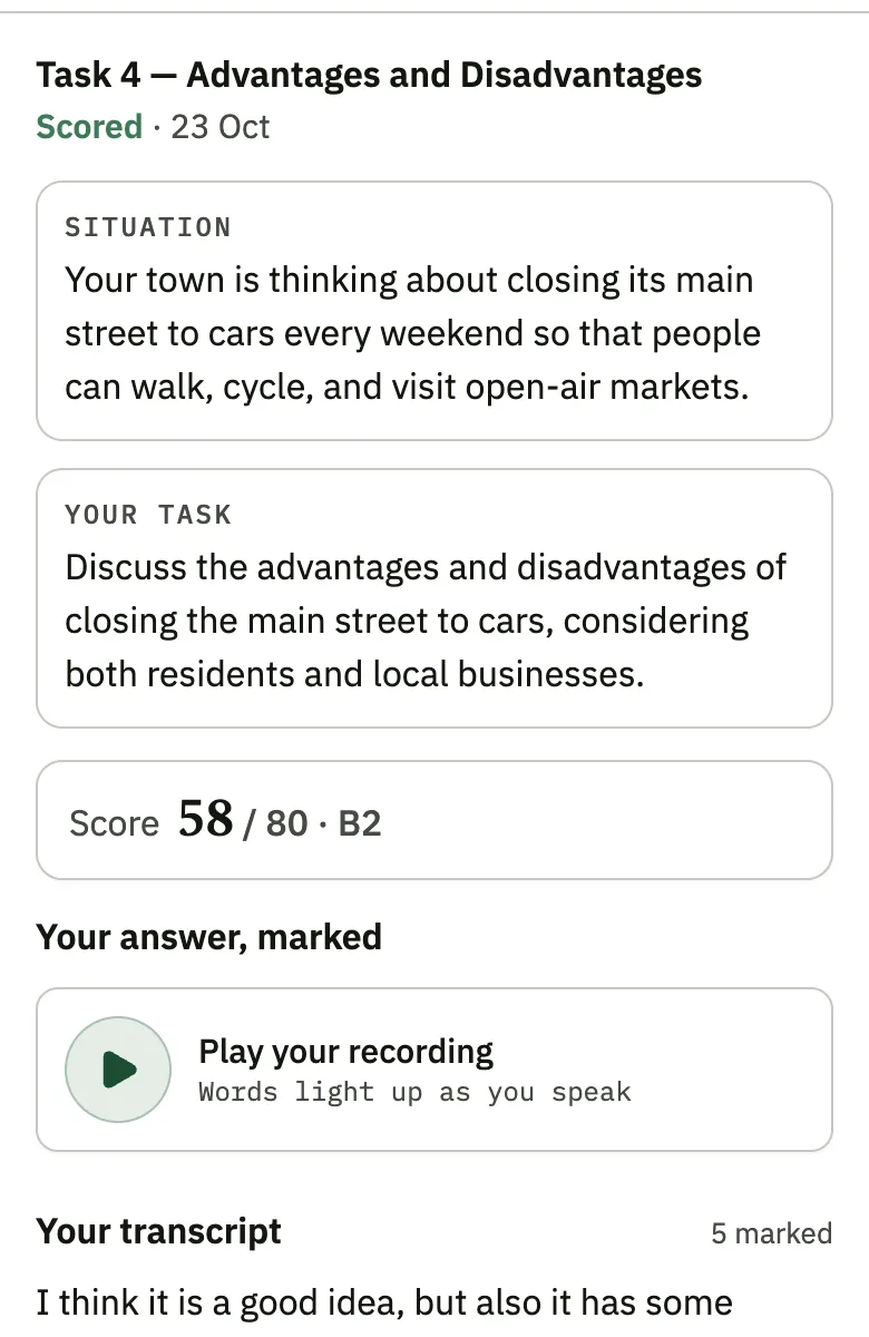 ScoreFluent result screen for a MET Speaking attempt: Score 58 out of 80, level B2, with the transcript below.
